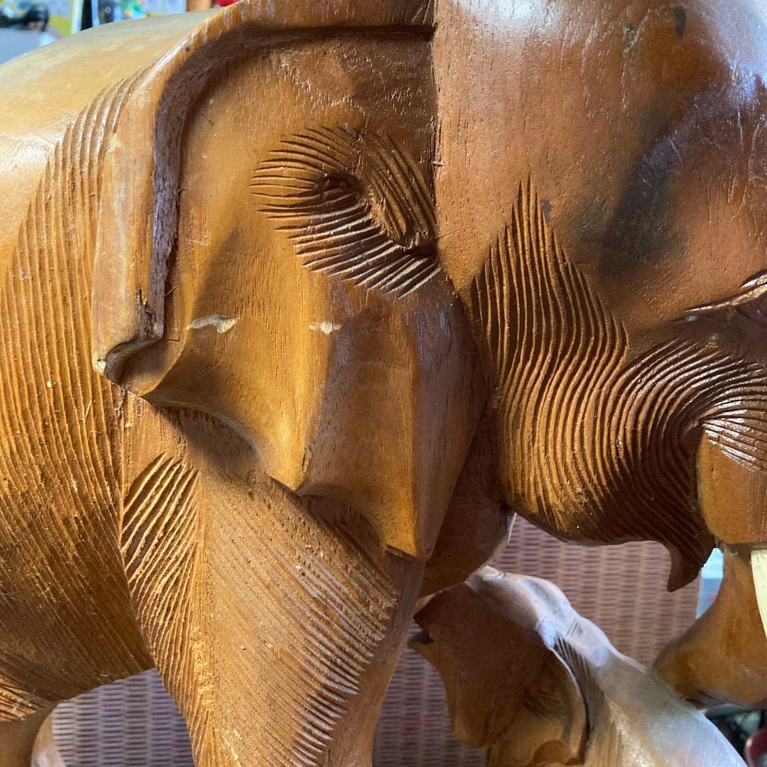 木彫りの大きな親子象　木製　彫刻　置物　オブジェ　縁起物　可愛い　45cmサイズ