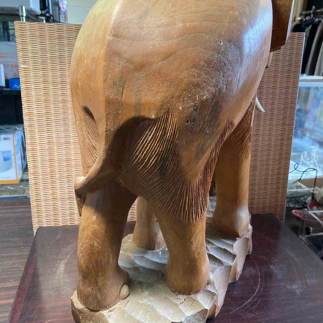 木彫りの大きな親子象　木製　彫刻　置物　オブジェ　縁起物　可愛い　45cmサイズ