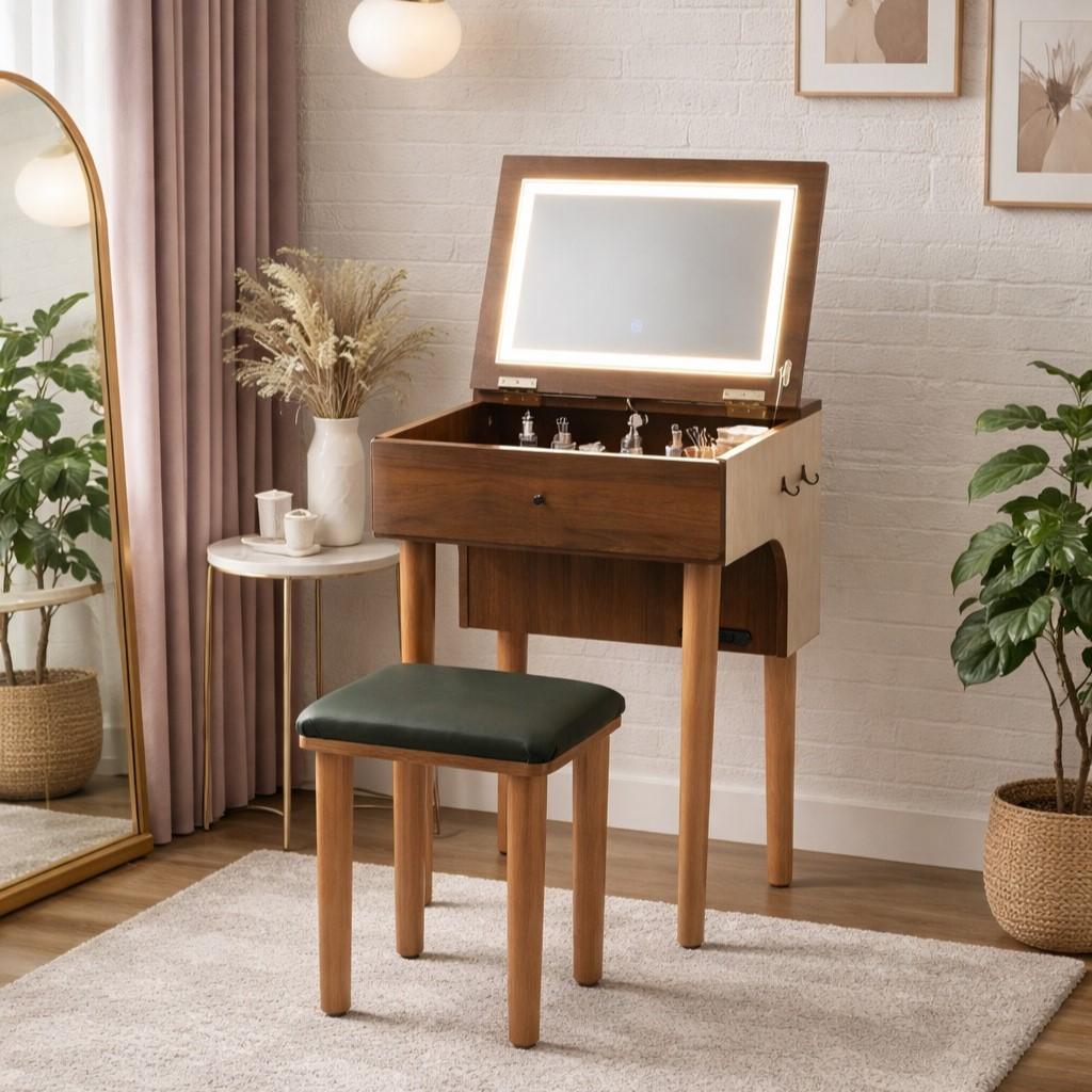 フォロー割◆訳あり◆【新品】北欧風　ドレッサー＆スツールセット　LED女優ライト