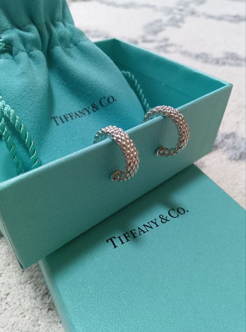 美品 TIFFANY ティファニー サマセット メッシュ フープ ピアス 正規品