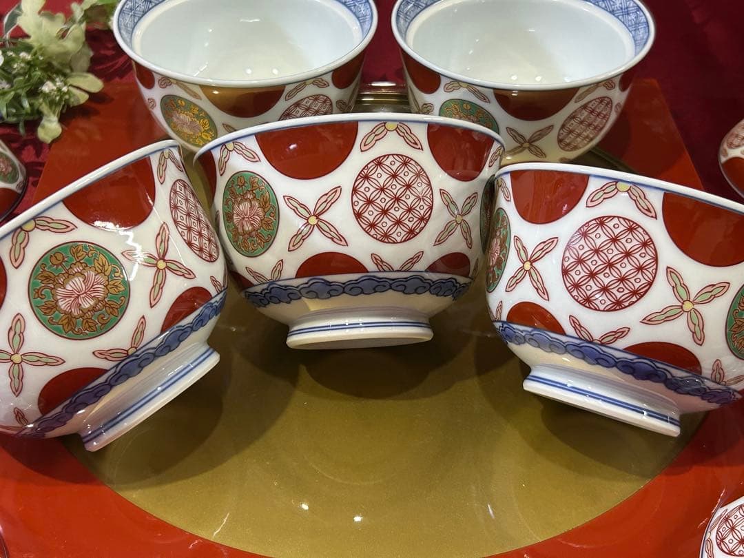 其泉作　赤濃丸紋　雑煮碗揃　赤絵　蓋付きどんぶり　新品未使用