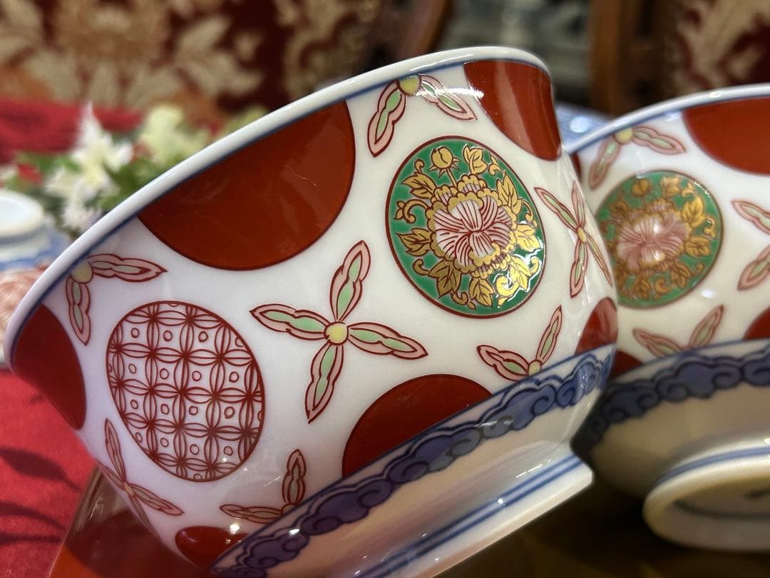 其泉作　赤濃丸紋　雑煮碗揃　赤絵　蓋付きどんぶり　新品未使用