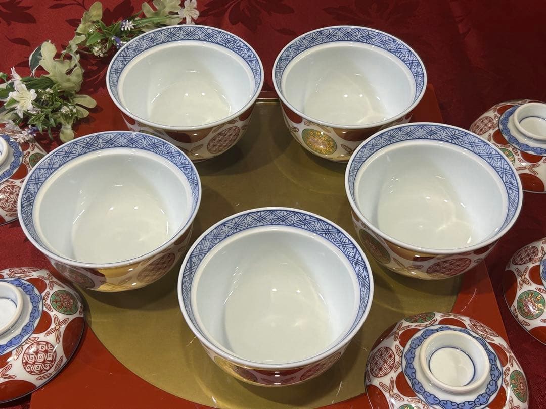 其泉作　赤濃丸紋　雑煮碗揃　赤絵　蓋付きどんぶり　新品未使用