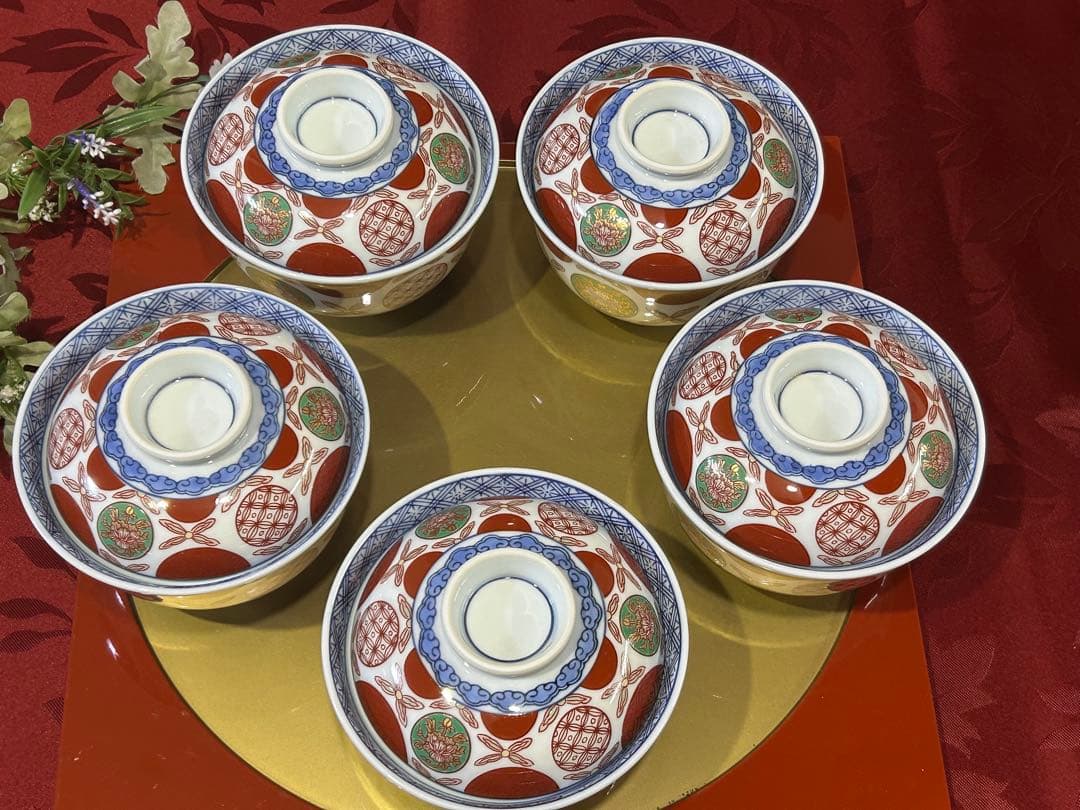 其泉作　赤濃丸紋　雑煮碗揃　赤絵　蓋付きどんぶり　新品未使用