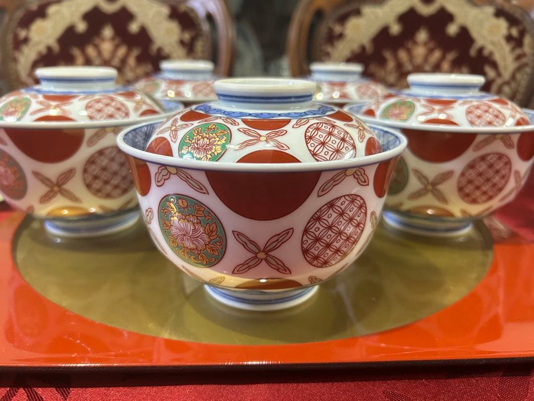 其泉作　赤濃丸紋　雑煮碗揃　赤絵　蓋付きどんぶり　新品未使用