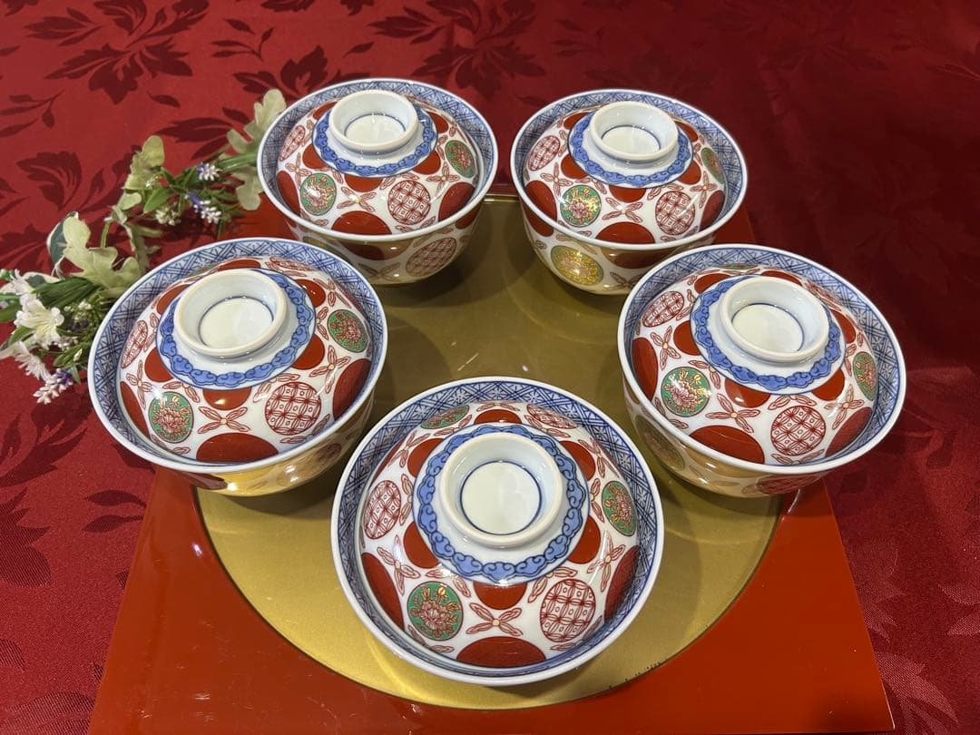 其泉作　赤濃丸紋　雑煮碗揃　赤絵　蓋付きどんぶり　新品未使用