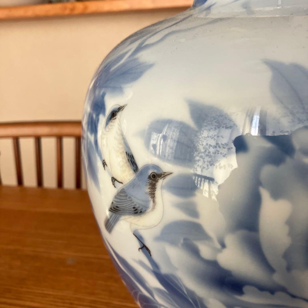 深川製磁　宮内庁御用達　官窯染付　花鳥絵　牡丹カワセミ　花瓶1個　高さ約25.5