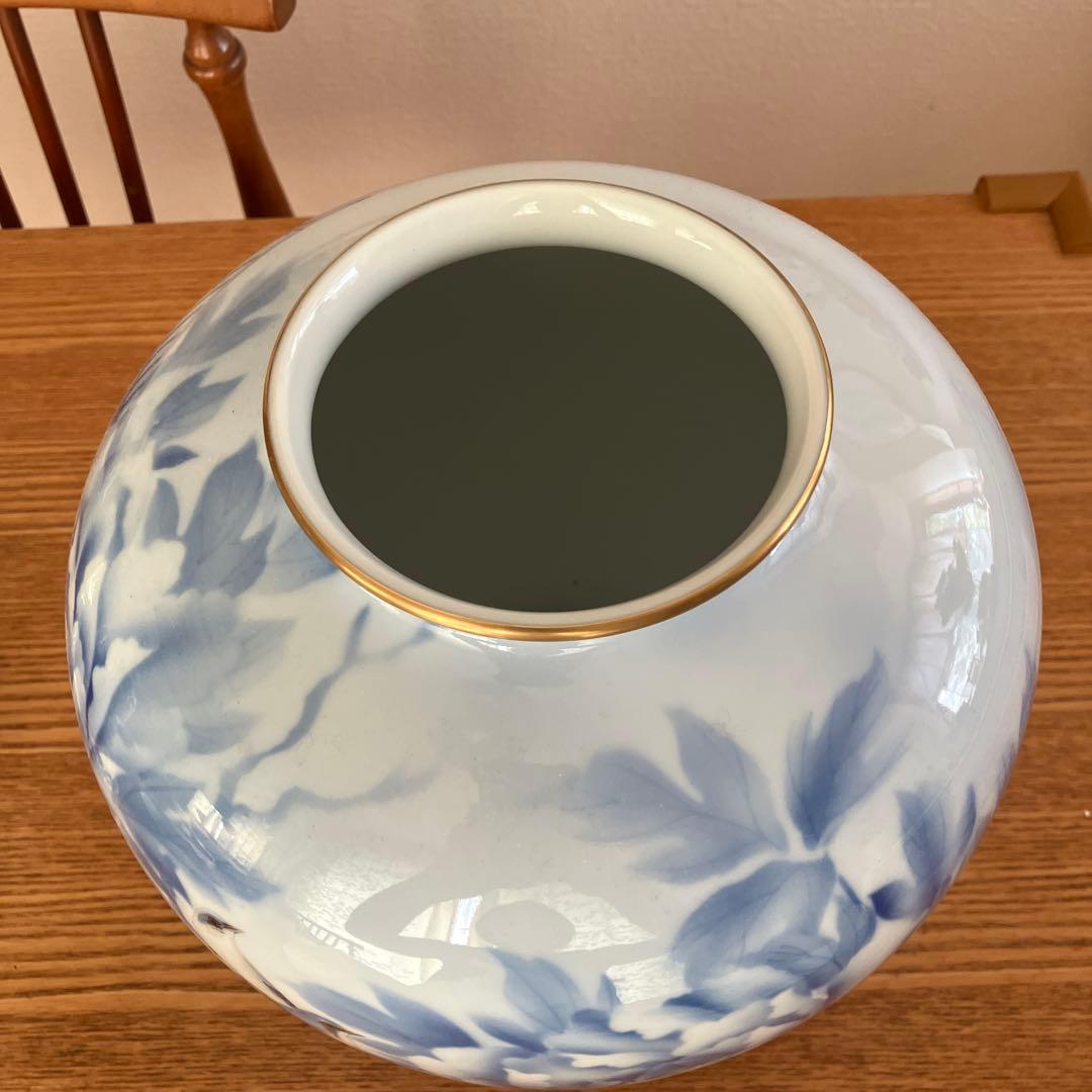 深川製磁　宮内庁御用達　官窯染付　花鳥絵　牡丹カワセミ　花瓶1個　高さ約25.5