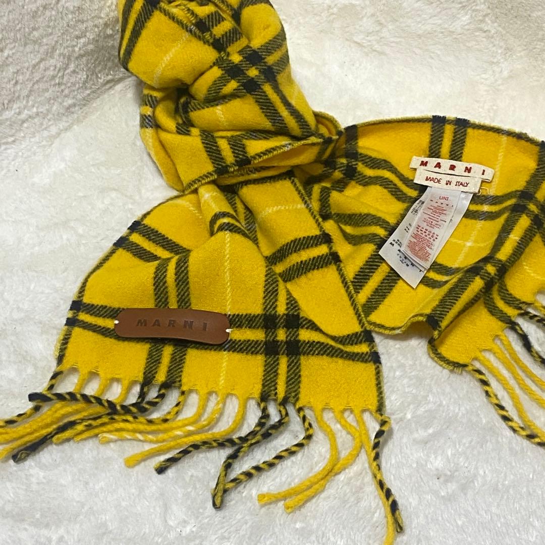 【美品】MARNI チェック柄イエローマフラー UNI ウール イタリア製
