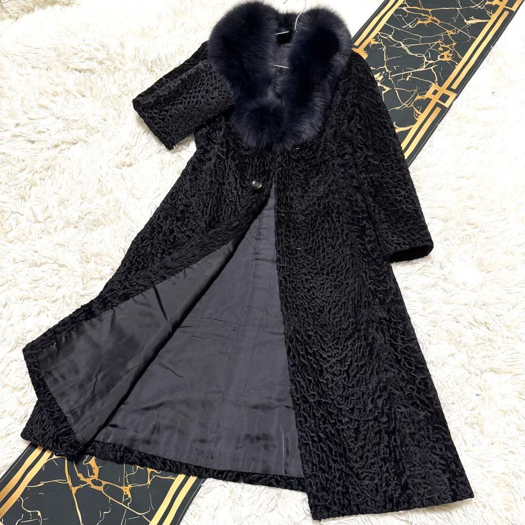 総丈117cm MOONBAT ラム ロングコート ブルーフォックスファー