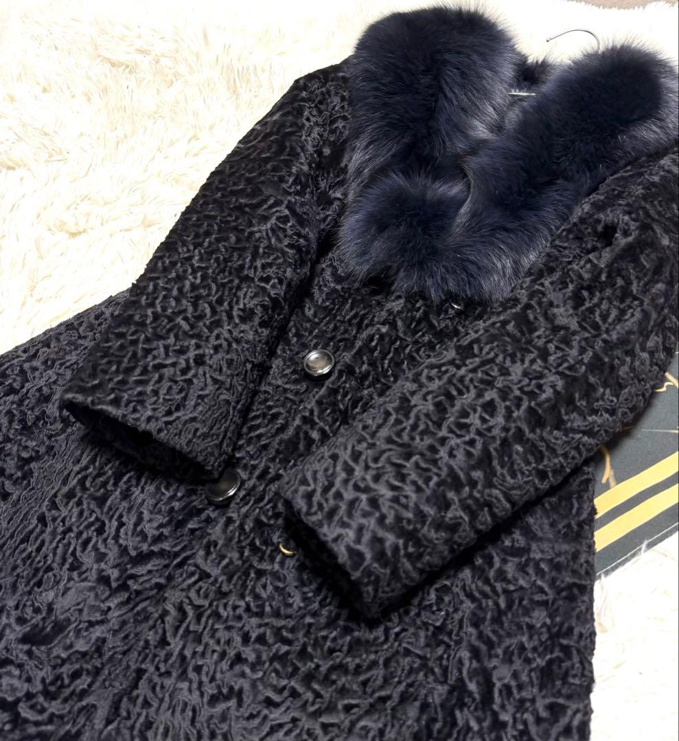 総丈117cm MOONBAT ラム ロングコート ブルーフォックスファー