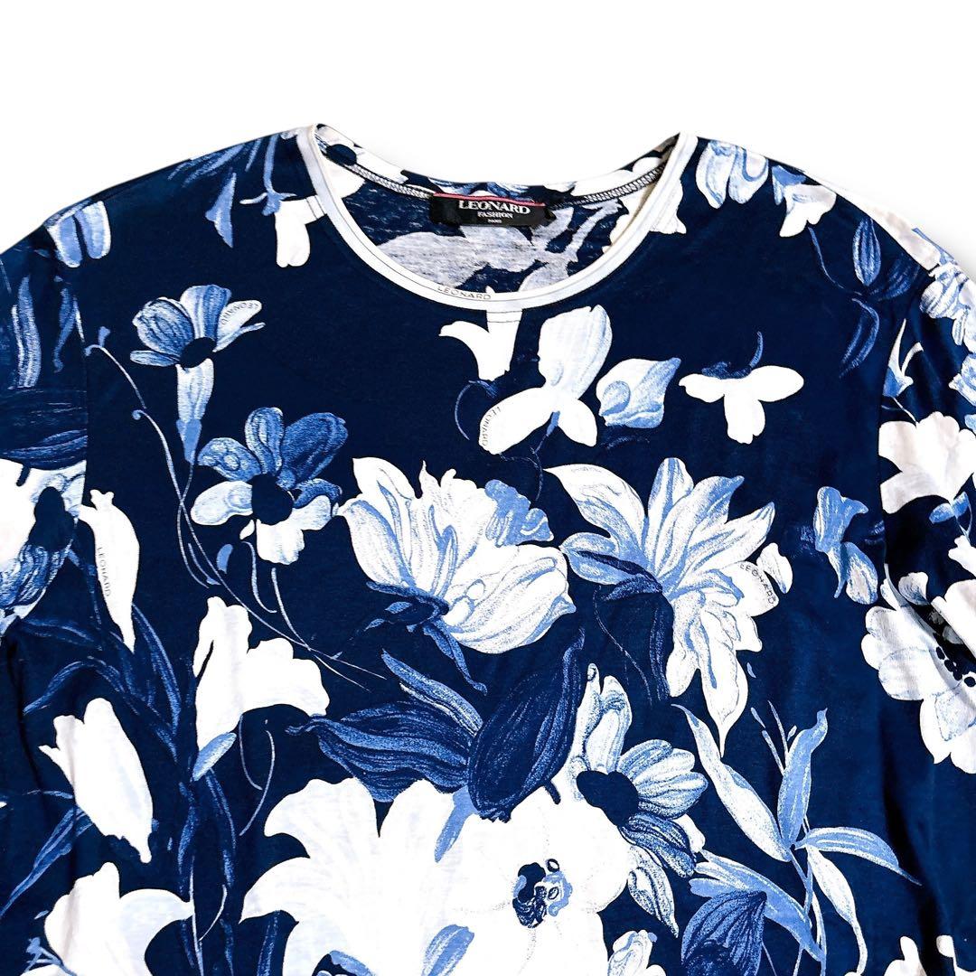 美品 LEONARD 花柄 半袖 チュニック ネイビー ブルー 総柄 Mサイズ