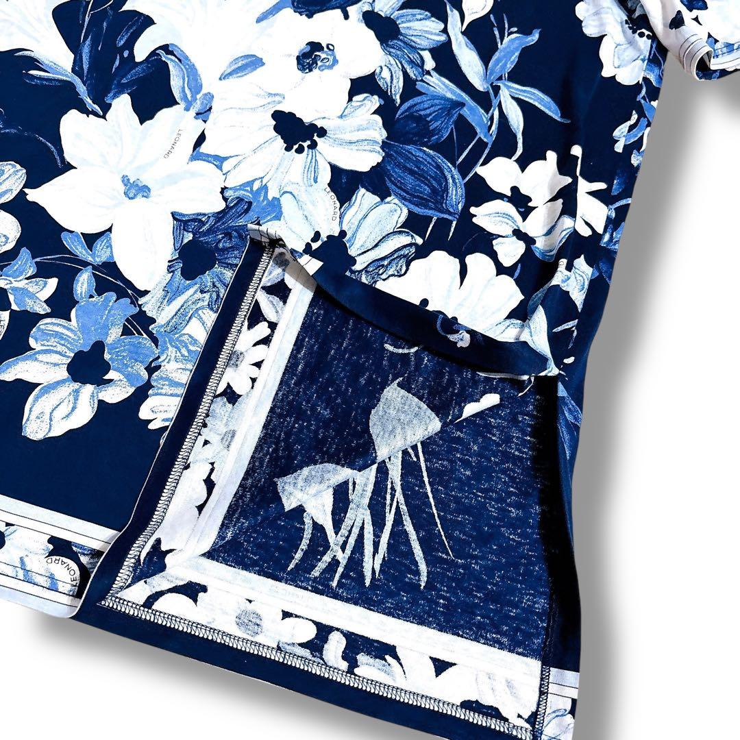 美品 LEONARD 花柄 半袖 チュニック ネイビー ブルー 総柄 Mサイズ