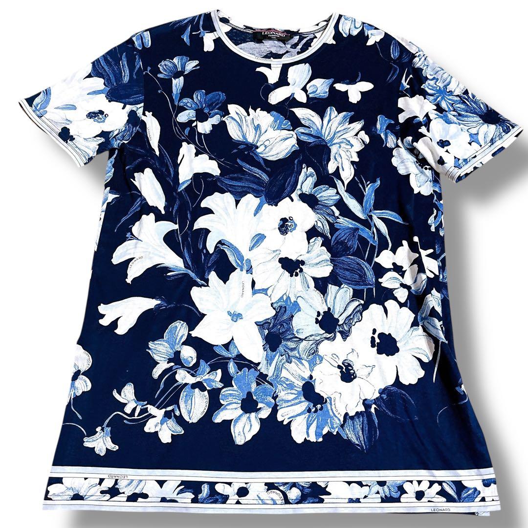 美品 LEONARD 花柄 半袖 チュニック ネイビー ブルー 総柄 Mサイズ
