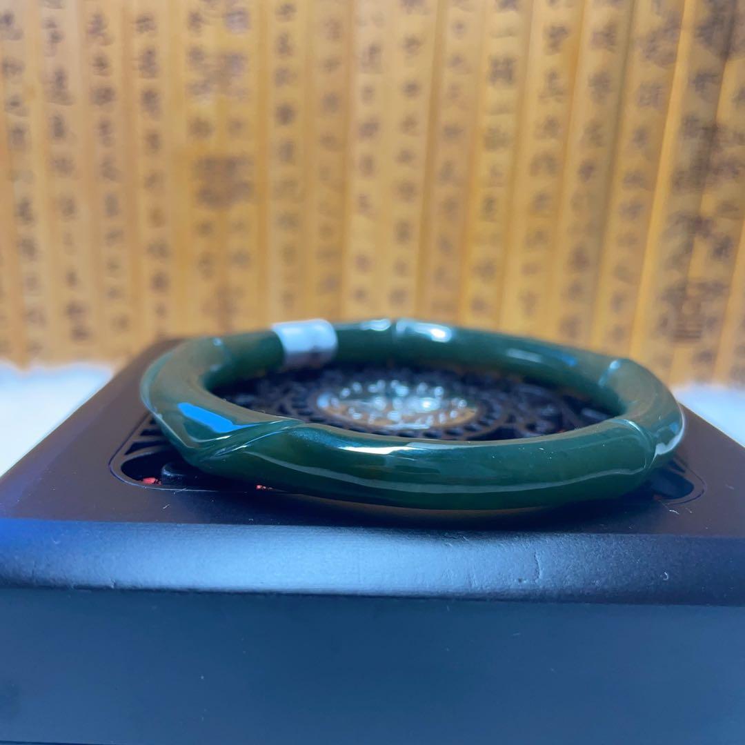 【鑑別書付き】和田玉-満手彫刻竹 青海料青玉 バングル　竹雕刻 59.8mm