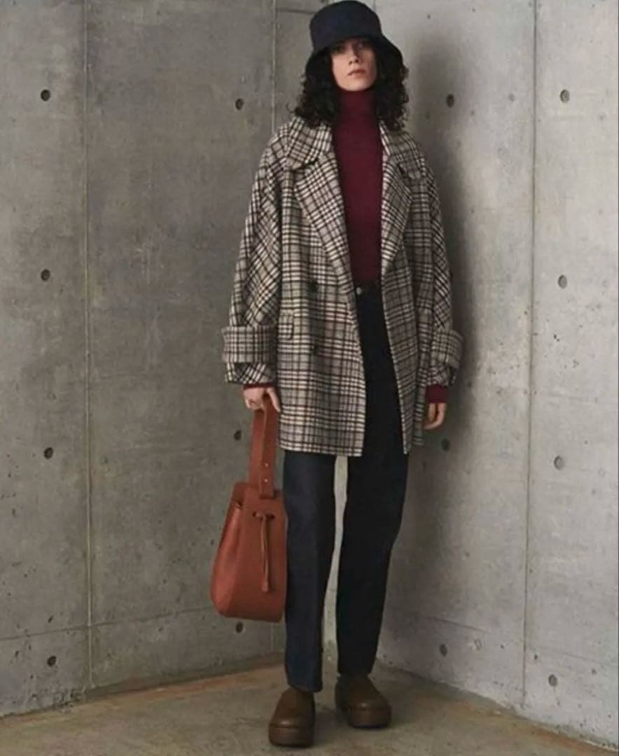 美品☆Mila owenフラップポケットハーフ丈コクーン接結コート チェック柄