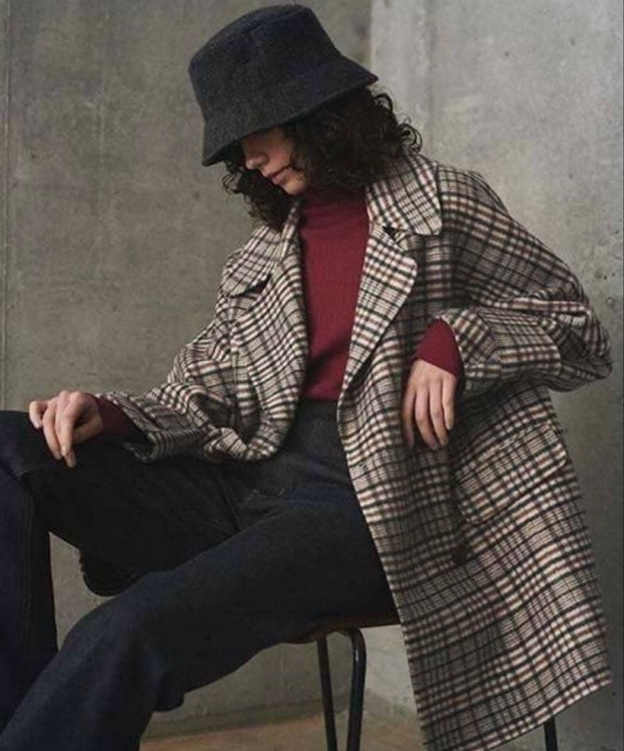 美品☆Mila owenフラップポケットハーフ丈コクーン接結コート チェック柄