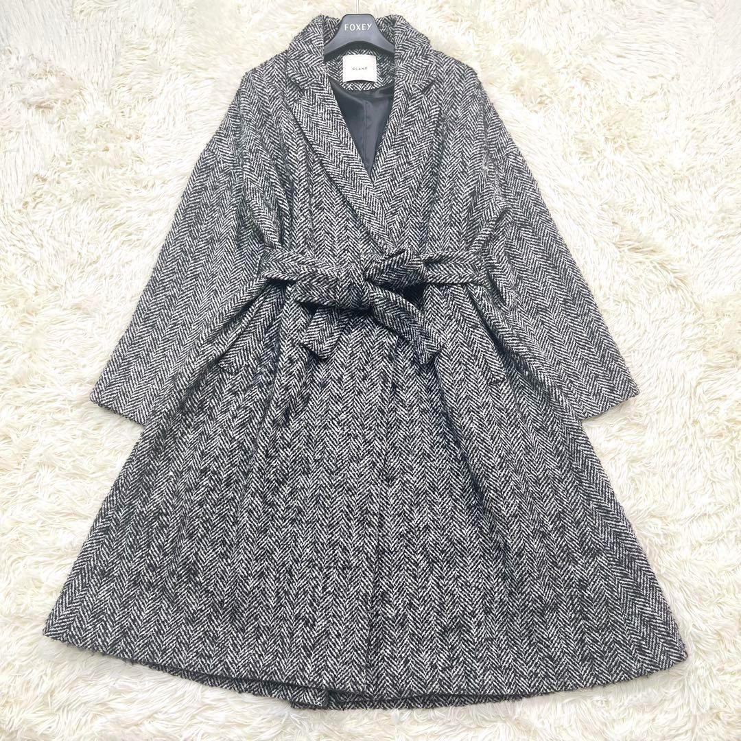 クラネ CLANE ロングコート ヘリンボーン ウール ベルト 36 Aライン