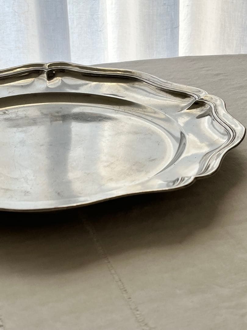 【美品】フランスアンティーク ピューター花リムプレート 37cm特大 2797