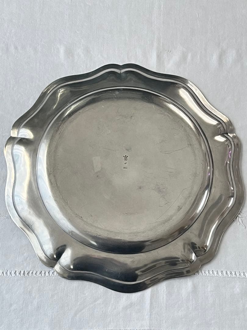 【美品】フランスアンティーク ピューター花リムプレート 37cm特大 2797