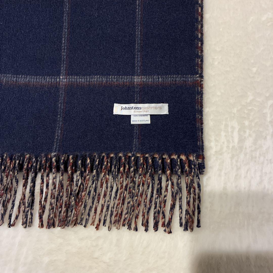 美品 ジョンストンズ カシミヤ100マフラー ネイビー×ブラウン チェック