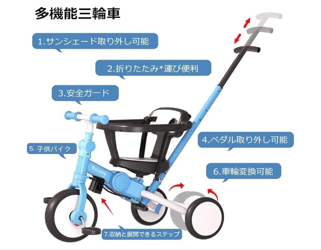 子供用三輪車 7in1 三輪車 ステップ付き 折りたたみ 手押し棒 1歳-6歳