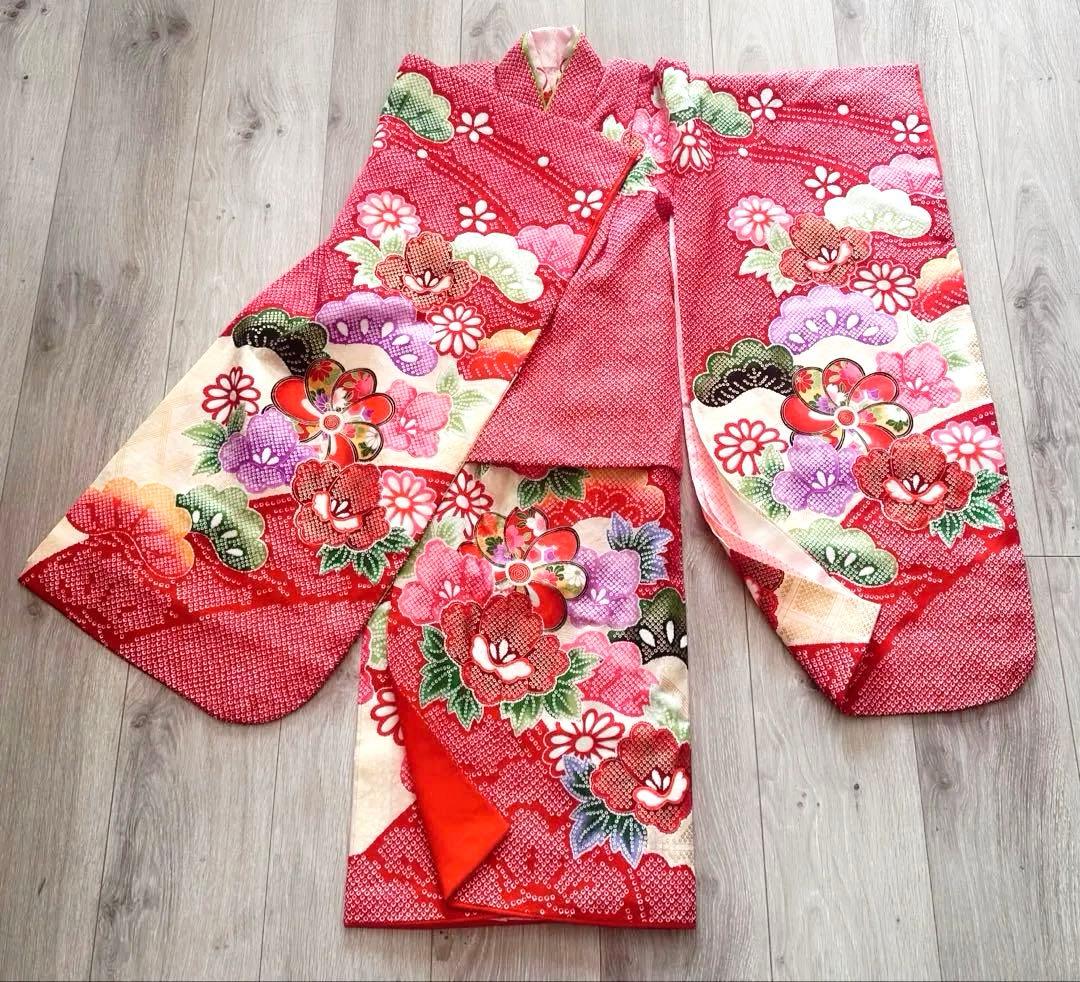 美品 七五三 三歳 女の子 正絹 赤 花柄 豪華お着物・長襦袢セット