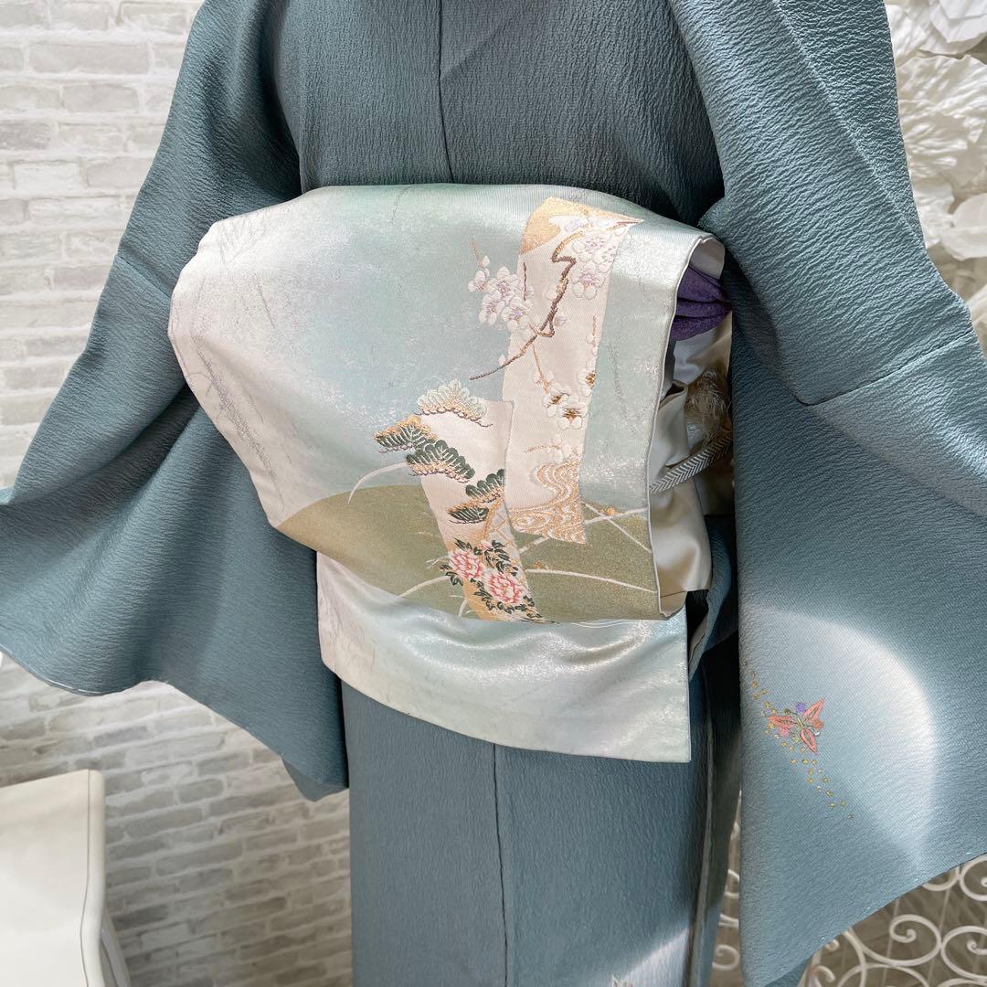 青緑色 小紋着物 刺繍入り