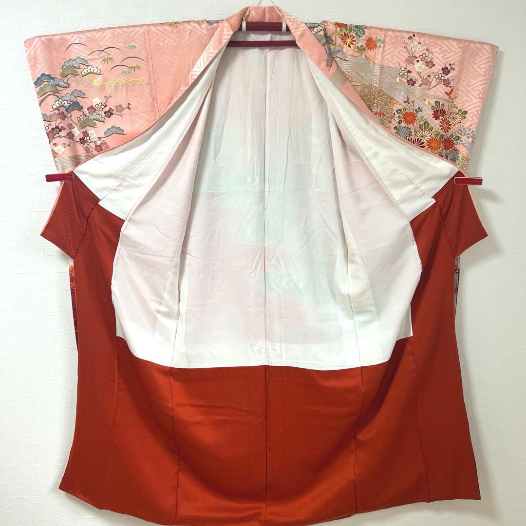 460 振袖のみ 正絹 コーラルピンク 桃 赤 金彩 駒刺繍 暈し染め