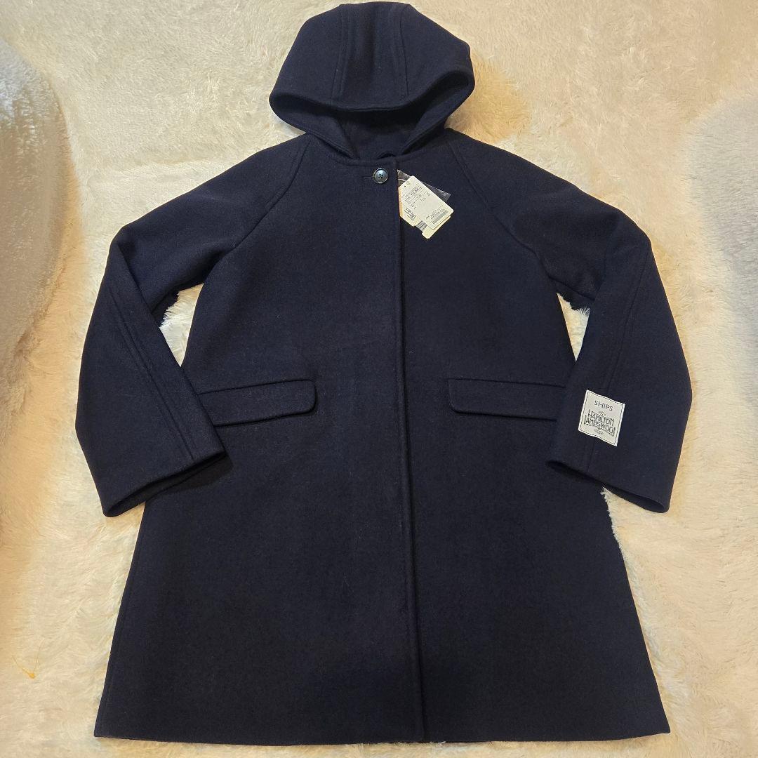 SHIPS ハミルトン-ラムウールフード付きウールコートフード ネイビー40