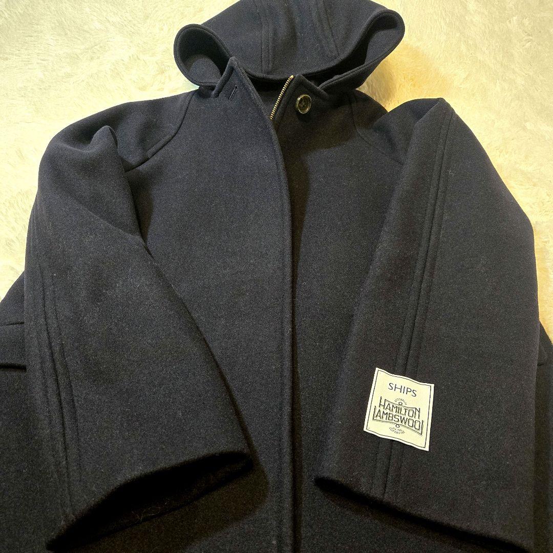 SHIPS ハミルトン-ラムウールフード付きウールコートフード ネイビー40