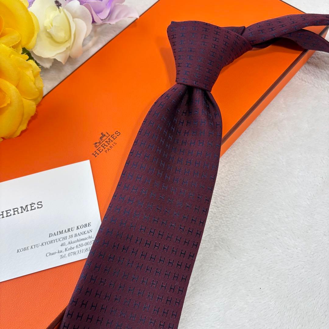 ほぼ未使用✨HERMES エルメス　ネクタイ　高級シルク　H柄 総柄　パープル系