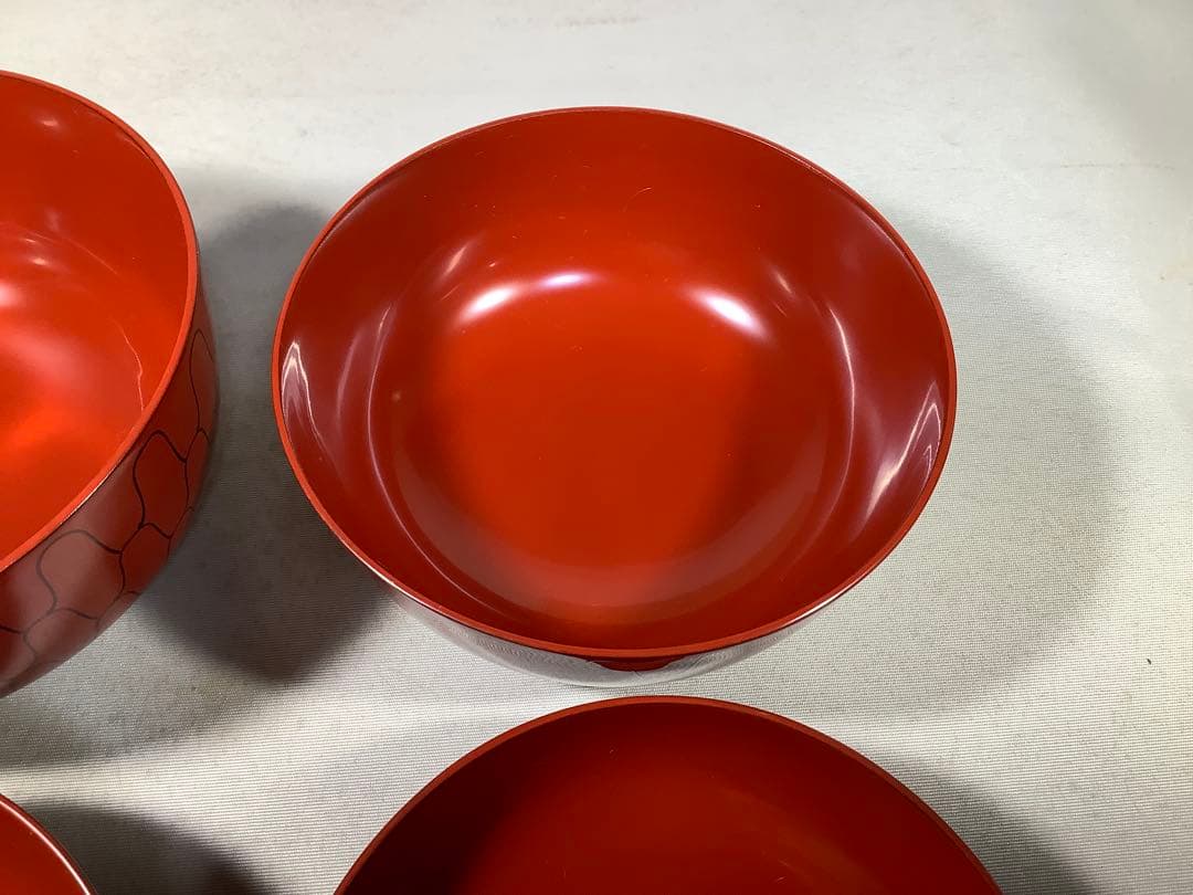 漆専堂　朱塗　黒網目　四つ椀　茶道具　茶会席