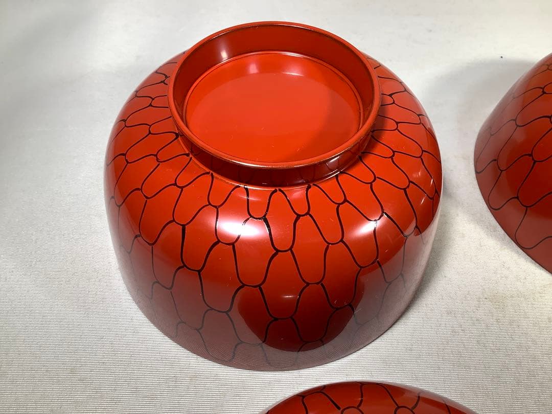 漆専堂　朱塗　黒網目　四つ椀　茶道具　茶会席