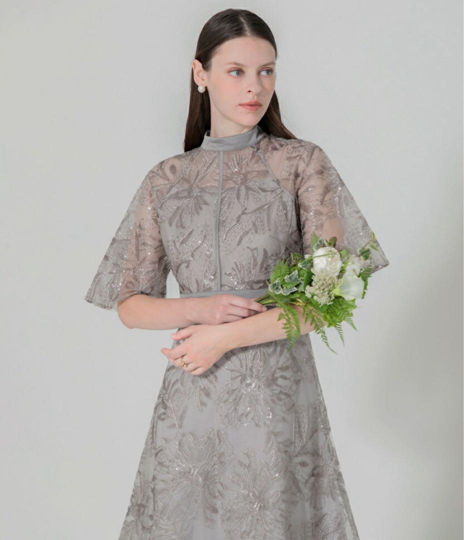 【LEJA】スパンコール花柄刺繍Aラインワンピースドレス　グレー　M