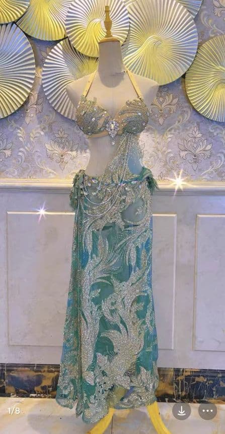 お得 美品一点物 ベリーダンス衣装 ブラスカートセット M 緑 コスチューム