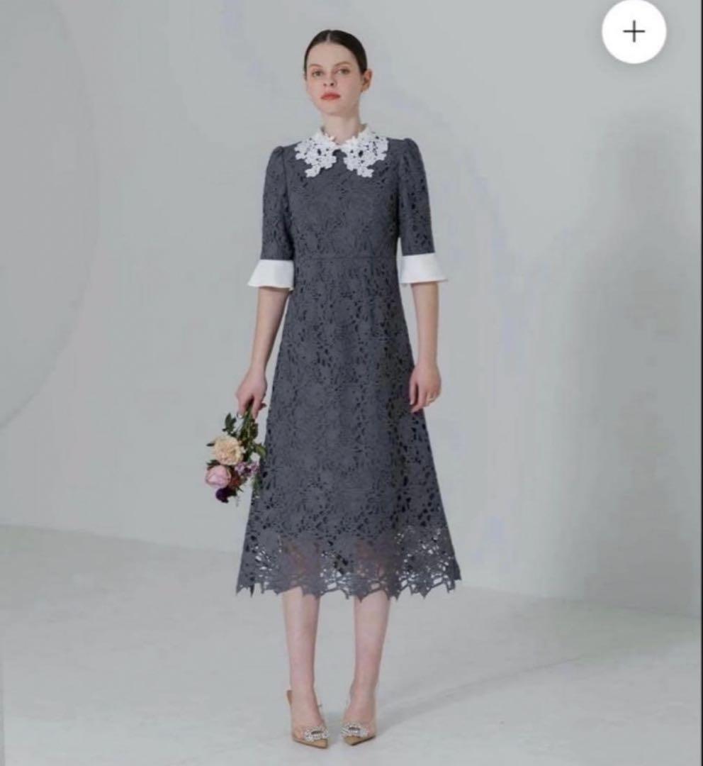 LEJA 花柄レースカラースパンコールAラインフレアドレス　ブルー　S