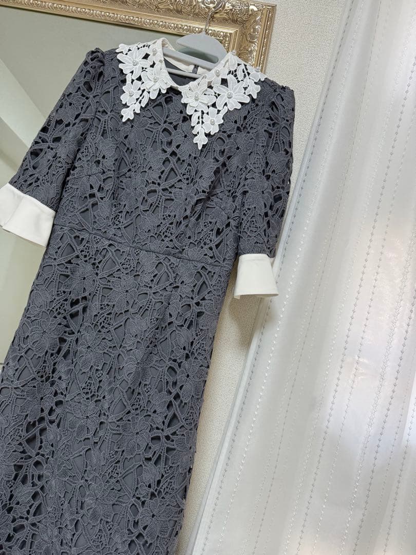 LEJA 花柄レースカラースパンコールAラインフレアドレス　ブルー　S