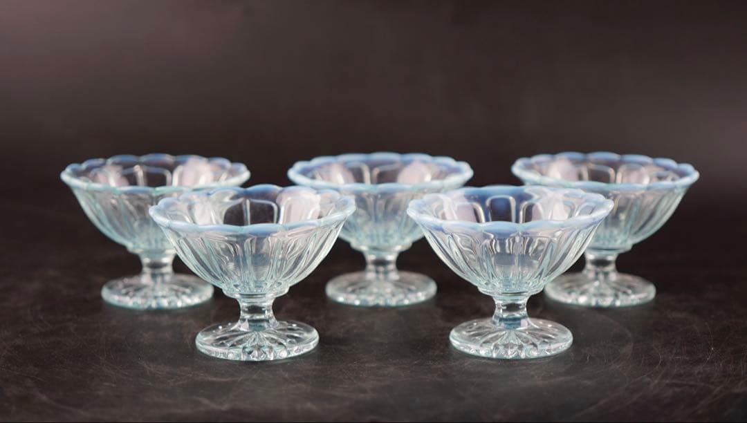 廣田ガラス アンティーク 雪の花 ミニアイスクリーム ブルー 5脚セット