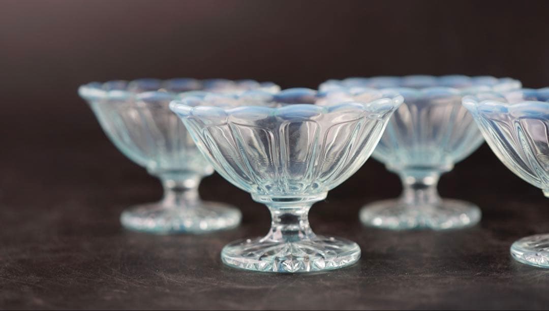 廣田ガラス アンティーク 雪の花 ミニアイスクリーム ブルー 5脚セット