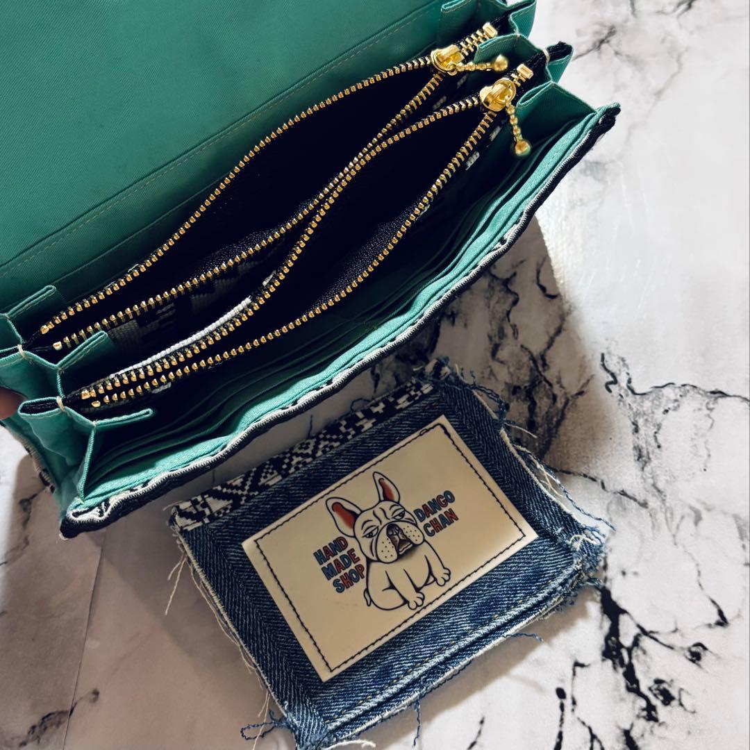 デニムリメイク　財布　オルテガ柄　ダブルファスナー　一点物