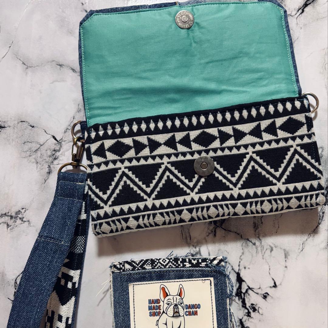 デニムリメイク　財布　オルテガ柄　ダブルファスナー　一点物