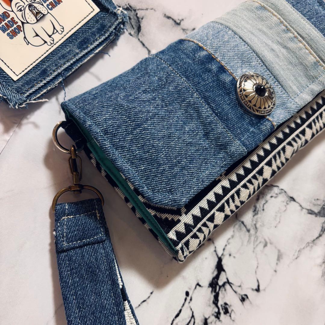 デニムリメイク　財布　オルテガ柄　ダブルファスナー　一点物