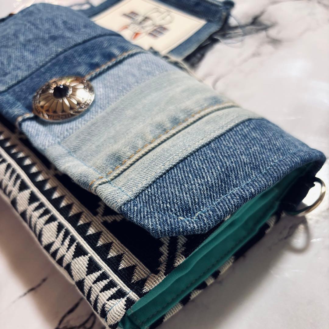 デニムリメイク　財布　オルテガ柄　ダブルファスナー　一点物
