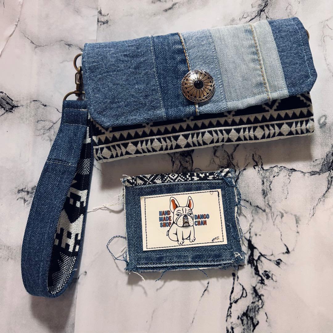 デニムリメイク　財布　オルテガ柄　ダブルファスナー　一点物