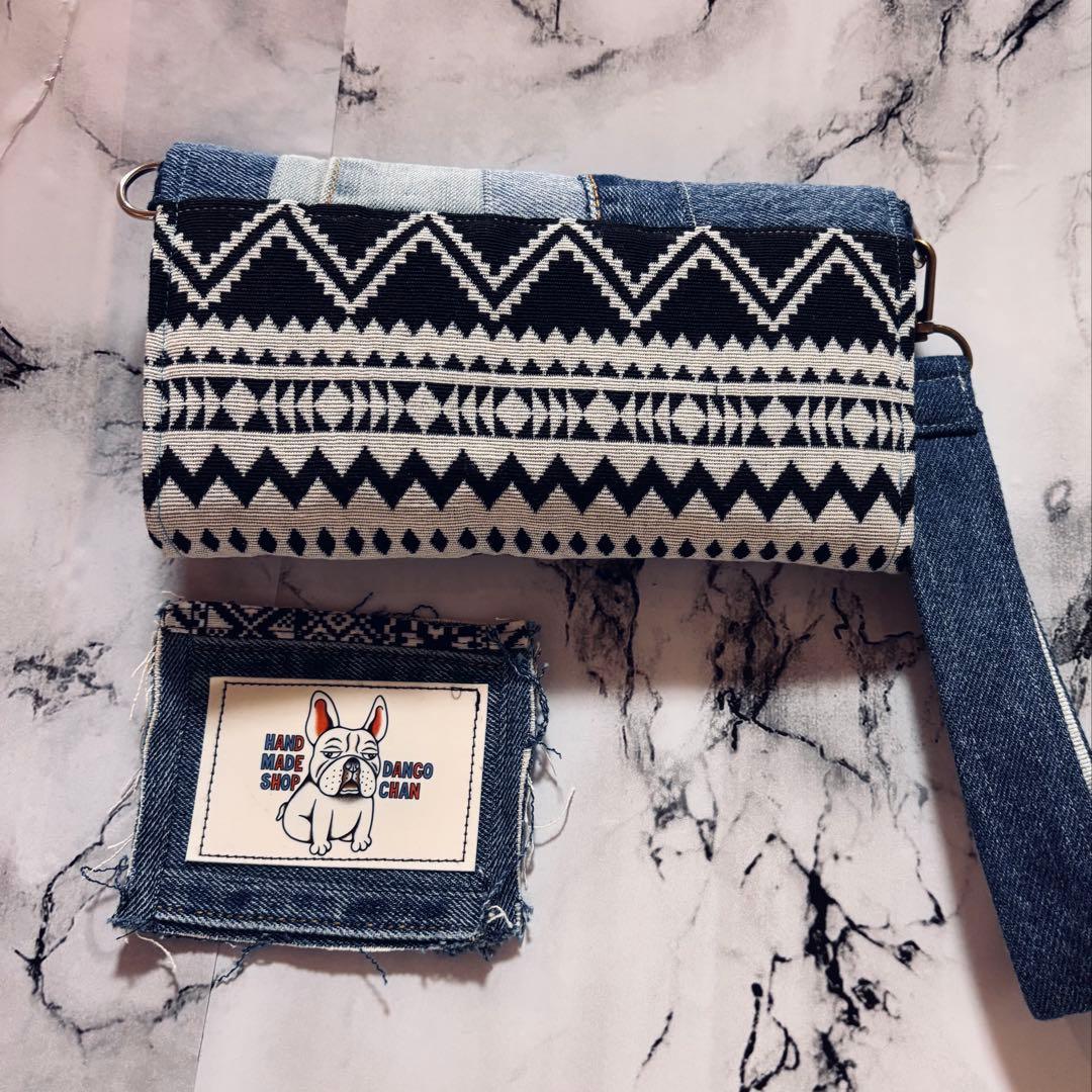 デニムリメイク　財布　オルテガ柄　ダブルファスナー　一点物