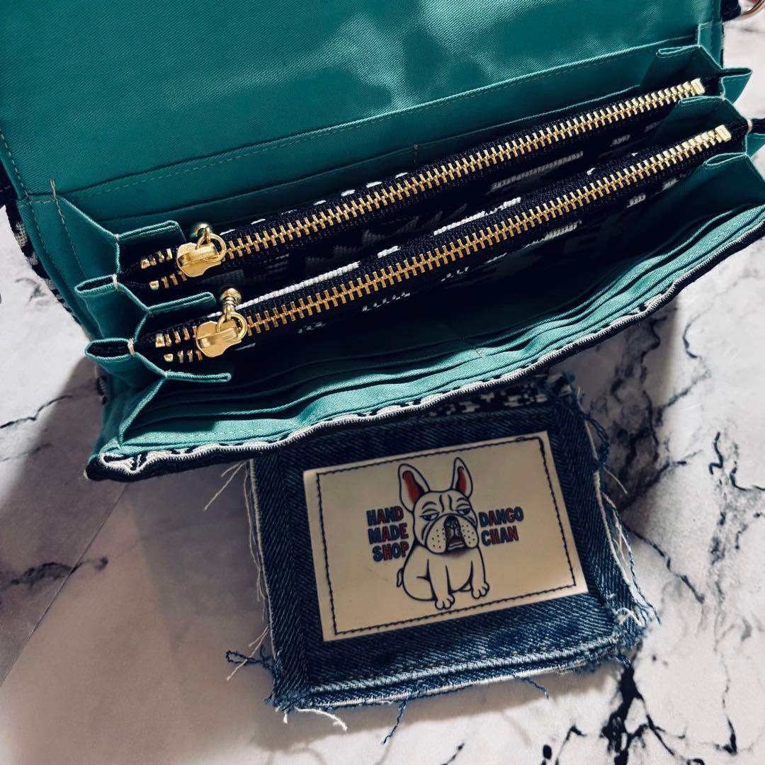 デニムリメイク　財布　オルテガ柄　ダブルファスナー　一点物