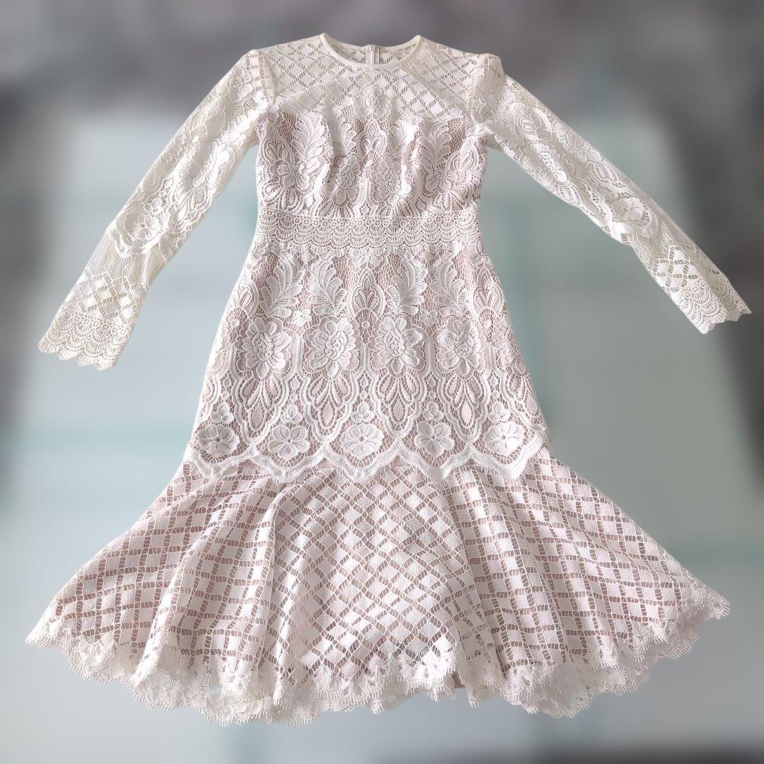 タダシ・ショージ　ホワイト総レース長袖ワンピース