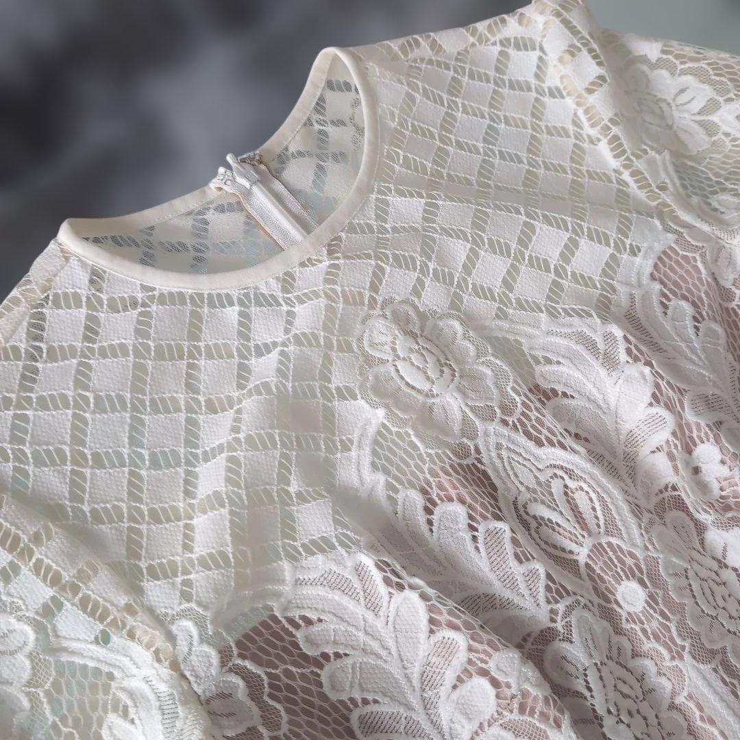 タダシ・ショージ　ホワイト総レース長袖ワンピース