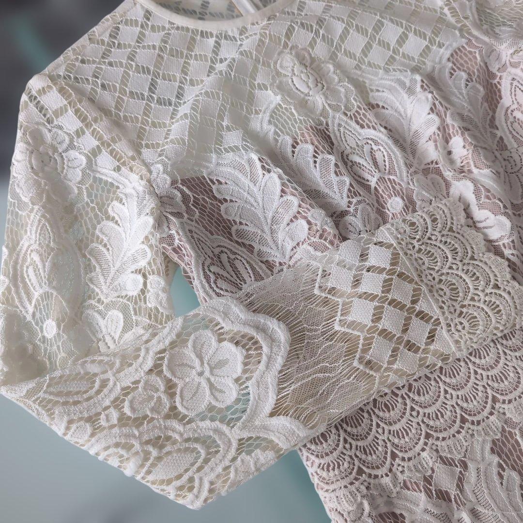 タダシ・ショージ　ホワイト総レース長袖ワンピース